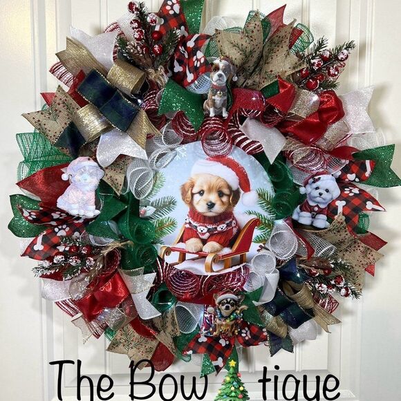 Handmade Christmas Sweater Puppy Holiday Ribbon Door Wreath 22 ins W77 - Picture 1 of 12